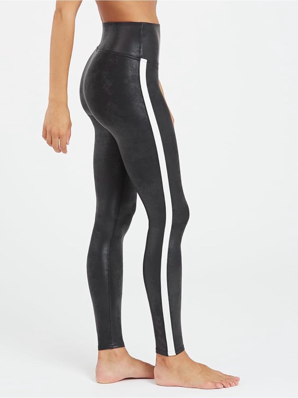 Spanx High-Waist Faux Leather Black Leggings with White Side Stripe
